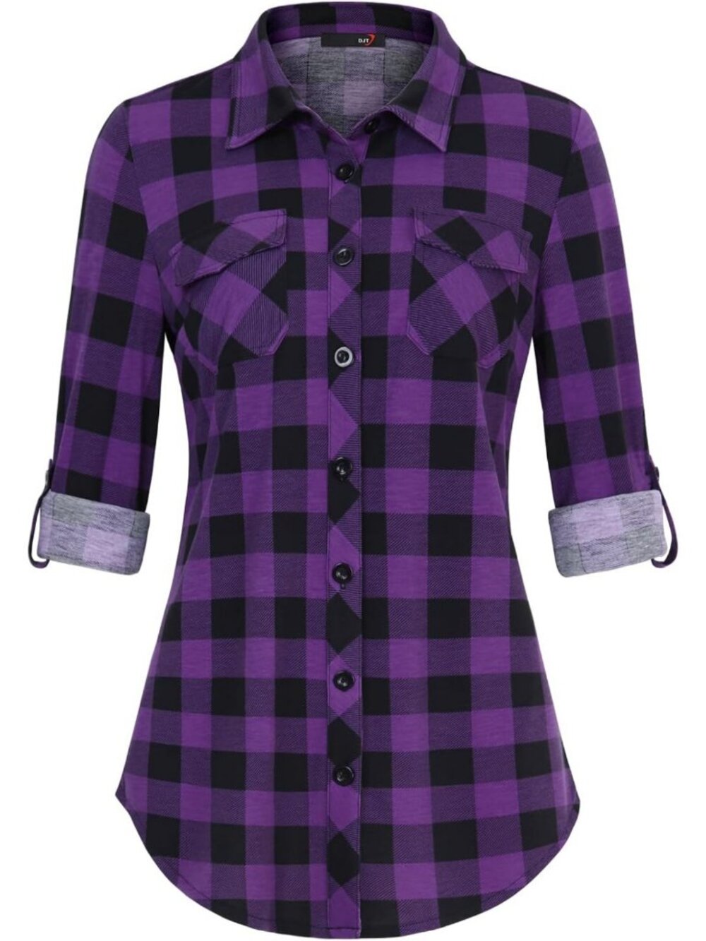 Cozy Stretchy Knit Plaid Button-Down Blouse with Roll-Up Long Sleeves for Women